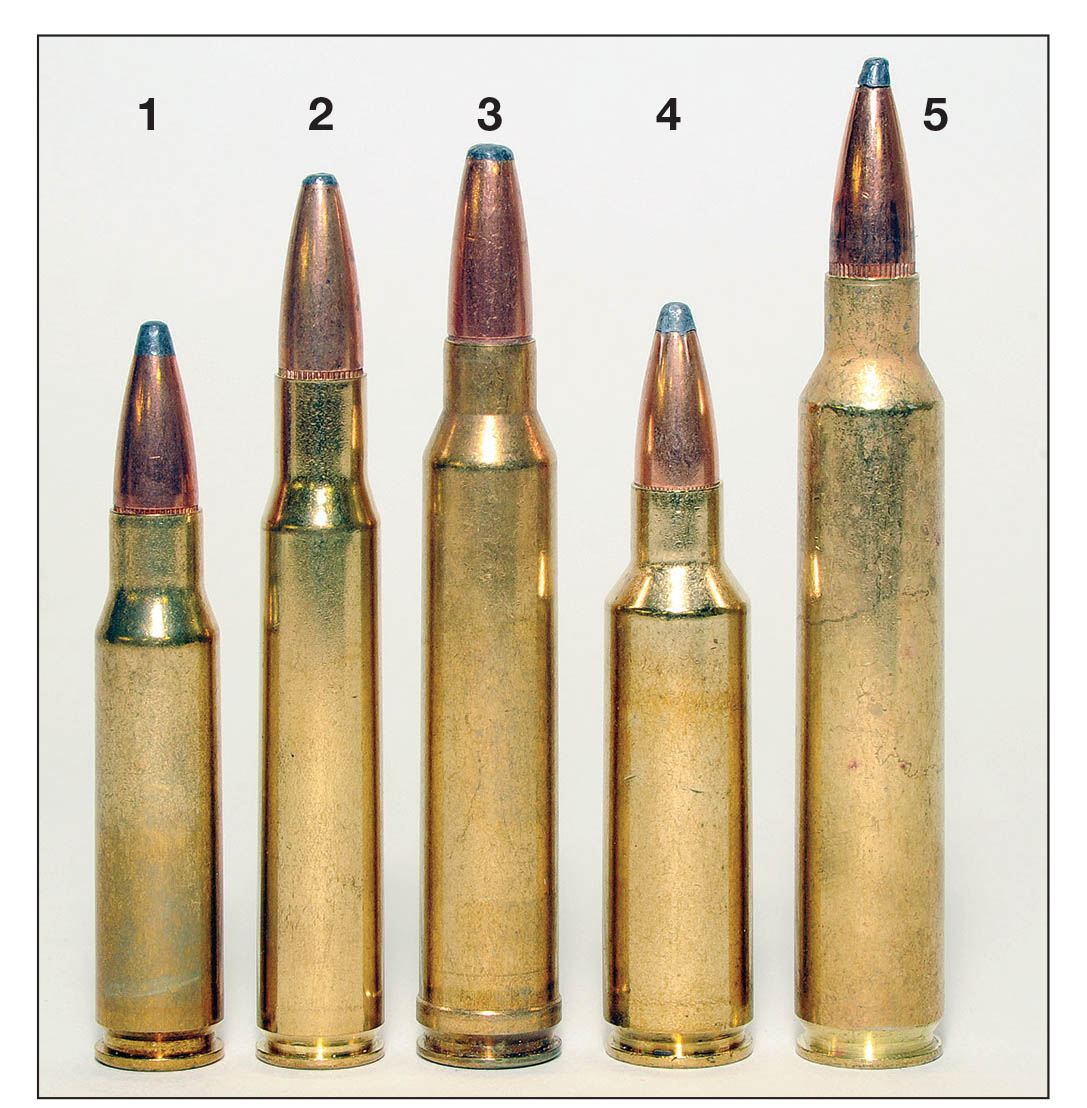 These .30-caliber cartridges include the (1) .308 Winchester, (2) .30-06, (3) .300 Winchester Magnum, (4) .300 Winchester Short Magnum and the (5) .300 Remington Ultra Mag. Handloaders can manipulate the order of their downrange effectiveness, which is why optimizing handloads is often more important than the cartridge chosen.